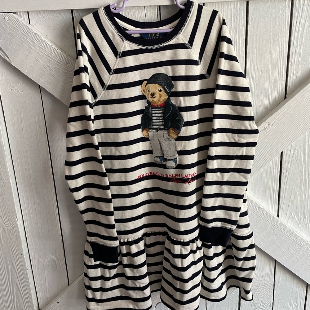 NWT POLO Ralph Lauren Girls Bear Navy and White Sweater Dress Size Medium 8-10
